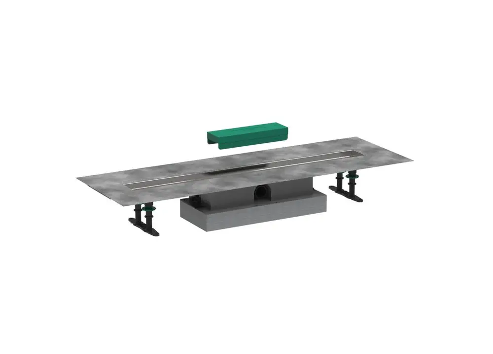 Duschrinnen-Set mit flacher Installation, bestehend aus einem langen Aluminiumprofil und zwei seitlichen Befestigungen, von der Marke Hansgrohe. Komponenten zur Installation erkennbar.